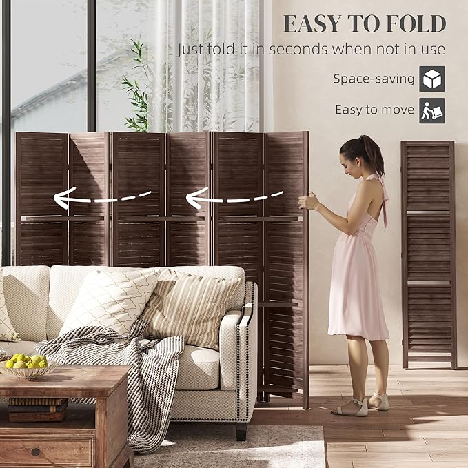 HOMCOM Room Divider, 6 Panel 67" Tall Wood Privacy Screen with 3 Display Shelves, and Folding Storage for Bedroom or Home Office, Walnut