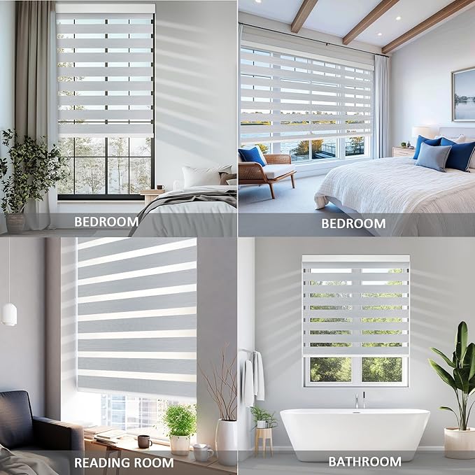 COOLWINDS Motorized Zebra Blinds for Windows Cordless Electric Curtains with Remote Control Blackout Shades Custom Smart Blinds Compatible with Alexa Google Home(95% Blackout Grey,W28 X 72in)