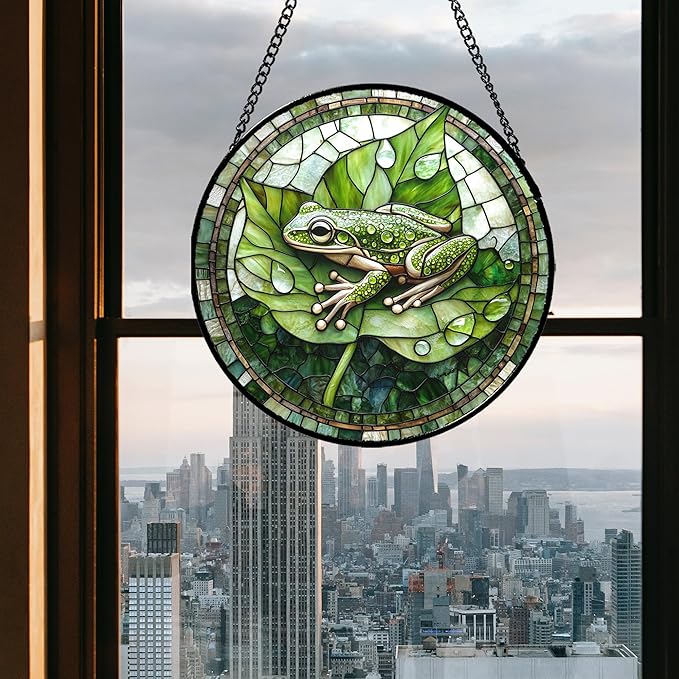 CRISGIF Stained Glass Window Hanging - Cute Frog Suncatcher for Doors Garden Patio Green Leaves Sun Catchers Decor Christmas Mother's Day Birthday Gifts for Women Men Mom Nana Boy Friend 9.8 in
