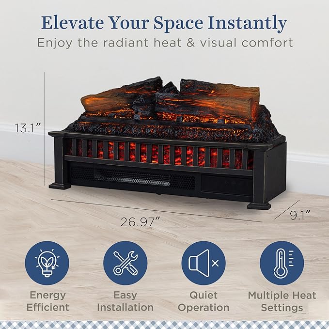 Country Living Electric Fireplace Logs, 27” LED Electric Fireplace Inserts with Infrared Heater, Electric Heater Heats up to 1000 Sq. Ft., Remote Controlled Infrared Heaters for Indoor Use, Black