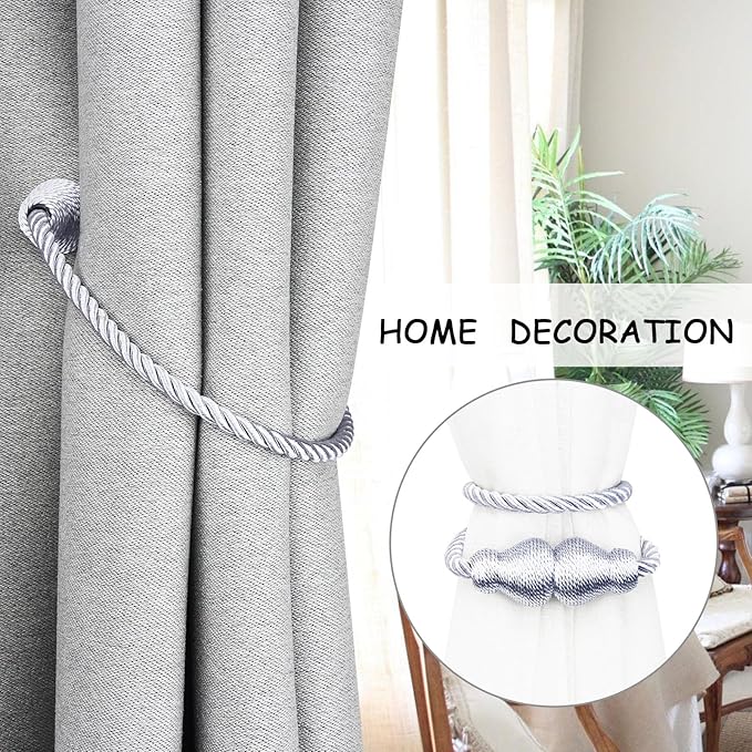 Nieffeiy Magnetic Curtain Tiebacks Outdoor Curtain Tie Backs Rope Decorative Magnetic Curtain Holders for Drapes Window Treatment Holdbacks, Grey 6Pack