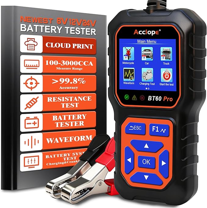 BT60 Pro Acclope Car Battery Tester with Cloud Printing 100-3000 CCA 6V 12V 24V AGM Lithium Gel Battery Checker Automotive Alternator Digital Analyzer Charging Cranking System Vehicles Truck Home-use
