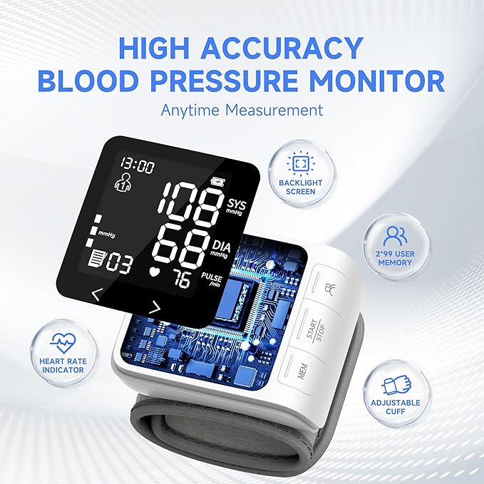 VivaGuard Wrist Blood Pressure Monitor for Home Use, LCD Backlit Dispaly BP Machine Automatic Digital Wrist Blood Pressure Cuff with Heartbeat Detector, 2 * 99 Memory, Carrying Case, 2 AAA Batteries