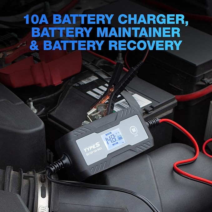 Type S 10A Smart Battery Charger & Maintainer, 6V & 12V Fully Automatic Trickle Charger, Jump Start Assist Battery Recovery Mode Auto-Voltage Detection Safe Charging for Cars Motorcycles ATVs Boats