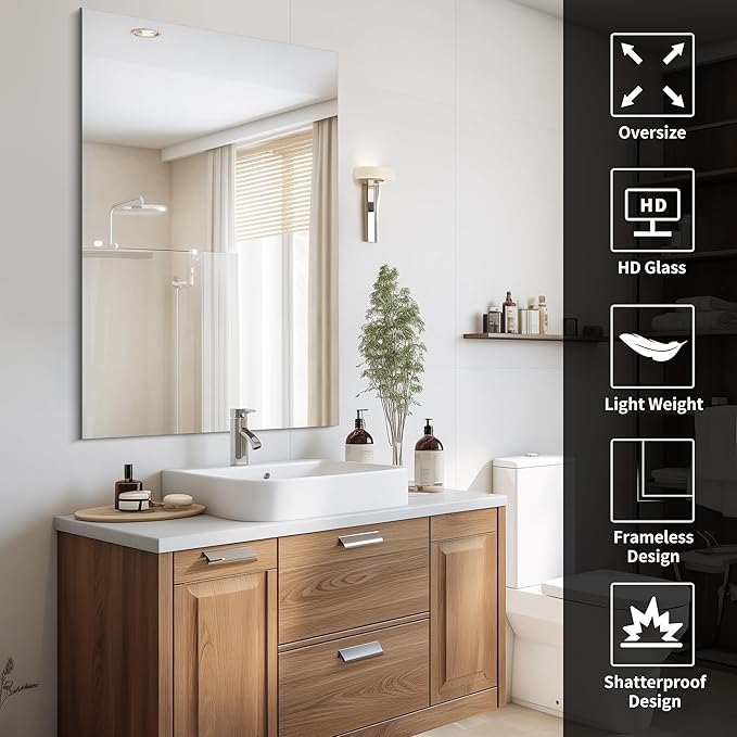 CILIBER Frameless Mirror, 30x48 inch Rectangle Bathroom Mirrors for Wall, Upgraded Shatterproof Large Vanity Mirror Over Sink with Polished Edge for Bathroom,Bedroom,Living Room and Entryway