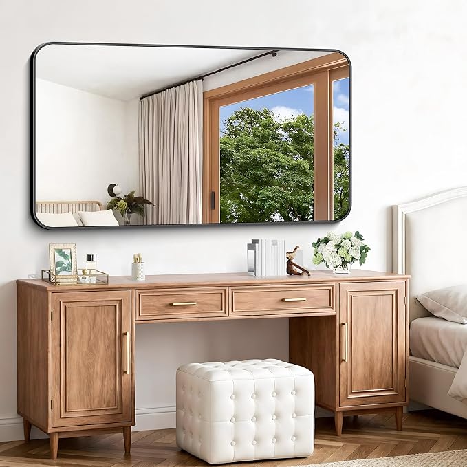 Black Bathroom Mirror, 66x36 inch Aluminum Metal Frame Rectangular Vanity Mirror, Large Wall Mounted Rectangle Mirrors with Rounded Corner for Over Sink Bedroom Living Room Horizontal/Vertical