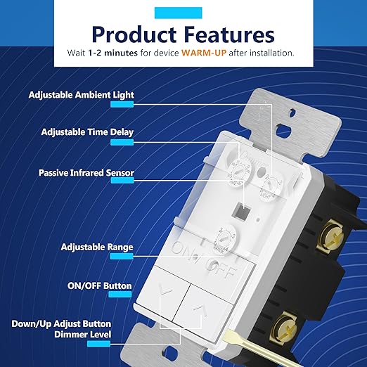 LIDER Motion Sensor Dimmer Switch for Dimmable 200W LED/CFL Lights, 3-Way, 120 V, Modern Upgrade, No Neutral Required, No Ground Required, UL Listed, Wall Plate Included, White, New Version