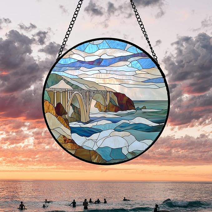 DASTOLL Stained Glass Window Hanging 4 Pcs Set Ocean Waves 6.3" - Blue and White Sea Suncatcher Door Garden Sun Catcher Decor Birthday Christmas for Mom Woman Nana Men