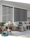 Yoolax Motorized Zebra Blinds Compatible with Alexa, Motorized Blinds with Remote Smart Automatic Custom Electric Window Blinds Cordless Indoor Blackout for Home Bedroom Kitchen (Grey Black)