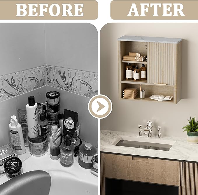 Bathroom Wall Cabinet, Fluted Medicine Cabinet with Adjustable Shelves, Wood Over The Toilet Storage Cabinet for Kitchen, Living Room, Laundry Room, Oak