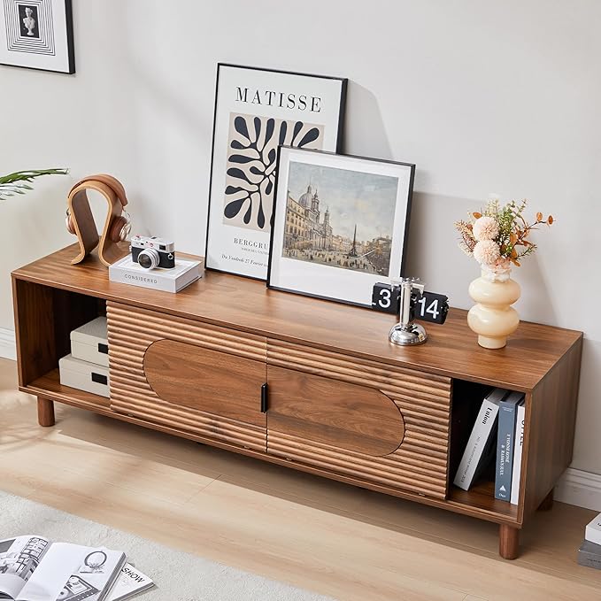 Bifins 63inch Wood TV Stand for Televisions up to 70 Inches,Mid Century Modern Entertainment Center TV Console Table with Storage and Shelf for Living Room Bedroom (Walnut)