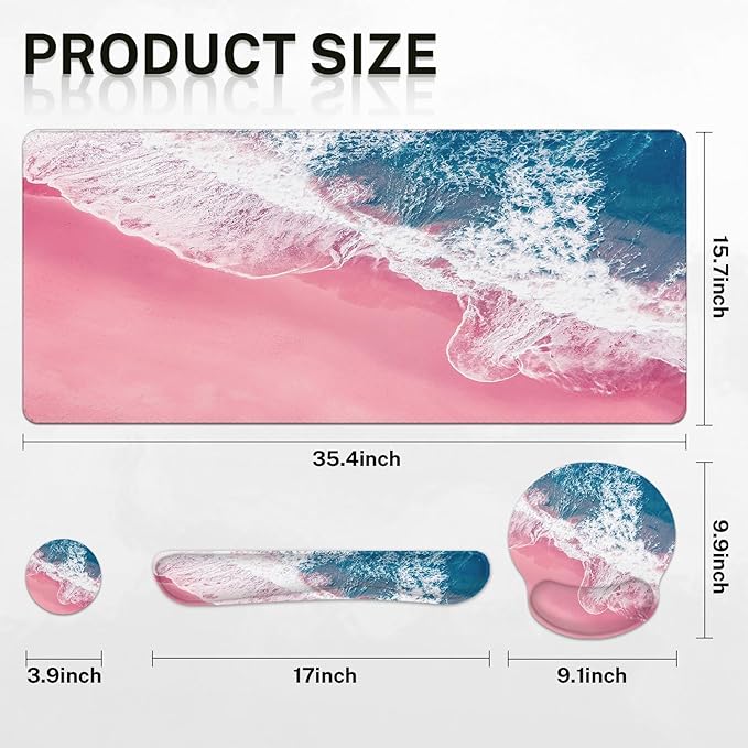 Britimes Blue Sea Keyboard Mouse Pad Set Pink Sand Beach 4in1 Large Mousepad+Keyboard Wrist Rest+Mouse Wrist Rest+Coaster Set with Ergonomic Design for Home Office Computer 35.4x15.7 inches