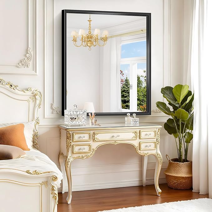 Bathroom Mirror, 42 x 36 Inch Brushed Black Rectangle Mirror, 0.6" Thickened Deep Frame Mirrors for Wall Over Sink, Shatterproof Tempered Glass, Antirust, Horizontally or Vertically