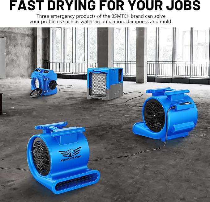 BSMTEK Air Mover Blower Fan, Industrial 1.5HP MAX10000CFM Monster Floor Blower Carpet Dryers - 3 Speeds, 4 Adjustable Angles, 15FT Long Cord, Stackable - 2026 Upgraded