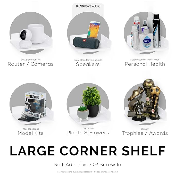 9" Small Corner Shelf Mount, Adhesive & Screw in, for Speakers, Cameras, Baby Monitors, Plants, Books Electronics, Collectibles & More, Floating Shelves (White) by Brainwavz