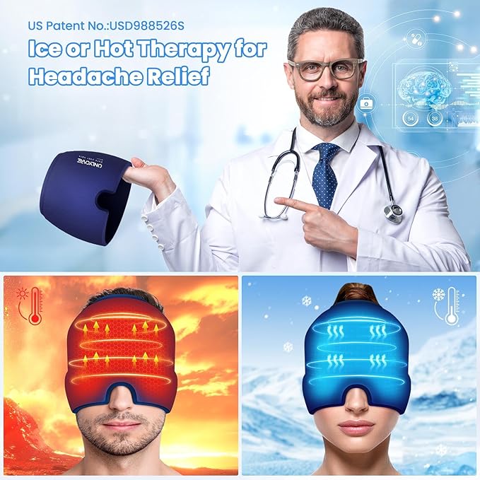 ONLYCARE Migraine Relief Cap, Upgraded Odorless Headache Relief Cap Mask Products, 360° Gel Surround Cooling Ice Pack Mask Head Wrap for Tension, Migraine, Sinus, Stress, Headaches, Hangover, Blue