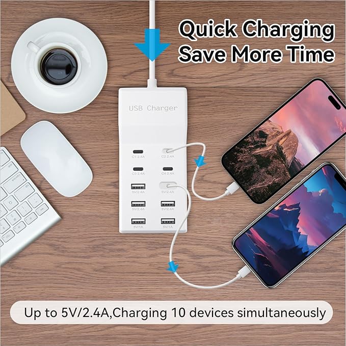 USB Charging Station with 6 USB-A & 4 USB-C Ports, 50W 10A USB Charging Block for Smart Phone, Tablet, Laptop, Multiple Devices - USB Power Strip with Auto-Detect Technology (1 PCS)
