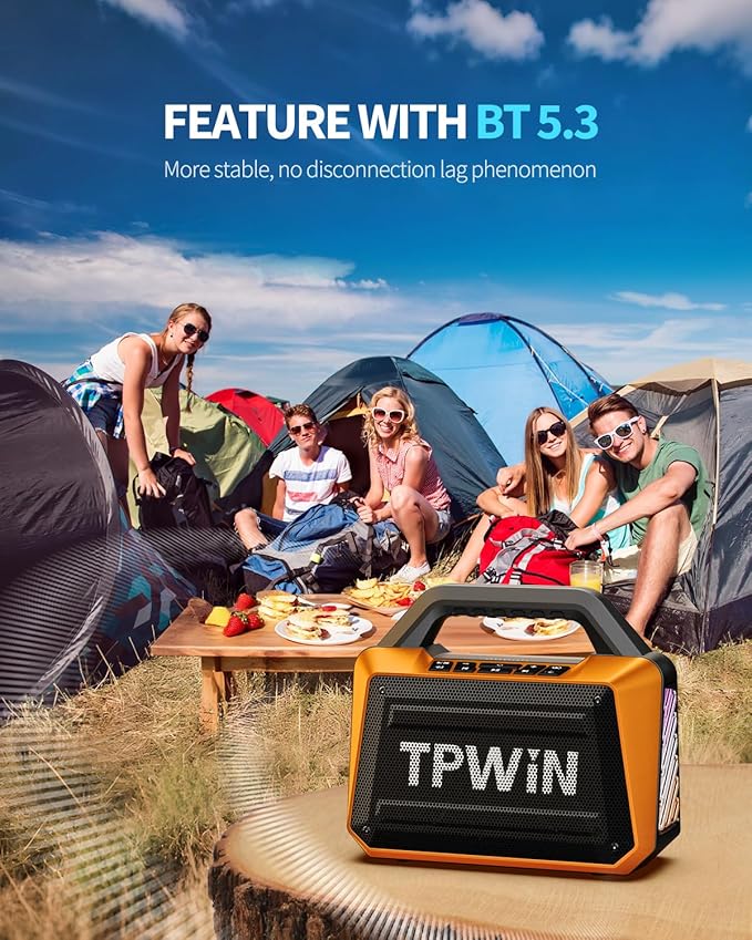 TPWIN Bluetooth Speaker - 80W Loud, Rugged Outdoor Speakers, IPX6 Waterproof, 20H Playtime, Deep Bass, Lightshow, TWS, BT 5.3 Wireless, Portable for Travel Hiking Camping Beach Pool - Orange