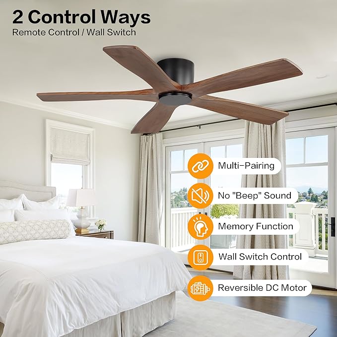 WINGBO 54" Flush Mount DC Ceiling Fans without Lights, 5 Carved Solid Wood Blades, 6-Speed Reversible DC Motor, Low Profile Hugger Ceiling Fan No Lights for Living Room Bedroom Patio, Black and Walnut