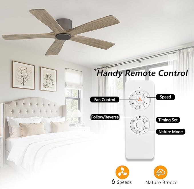 WINGBO 48" Flush Mount DC Ceiling Fans without Lights, 5 Carved Solid Wood Blades, 6-Speed Reversible DC Motor, Low Profile Hugger Ceiling Fan No Light for Living Room Bedroom Patio, Graphite and Gray