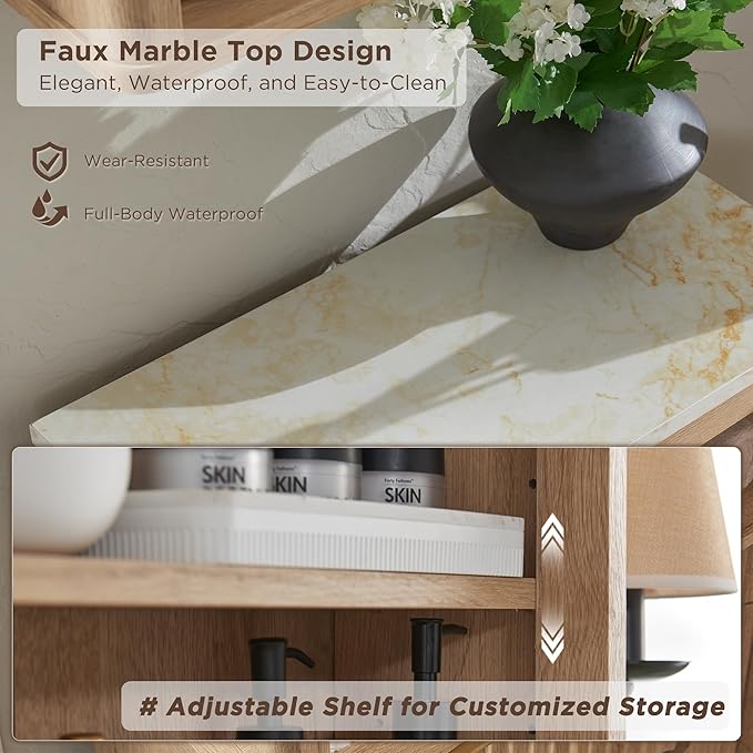 RedLemon Bathroom Wall Cabinet w/Fluted Sliding Door, Modern Medicine Cabinet w/Faux Marble Top & Adjustable Shelf, Curved Profile Wall Mounted Storage Organizer, Natural Oak Color