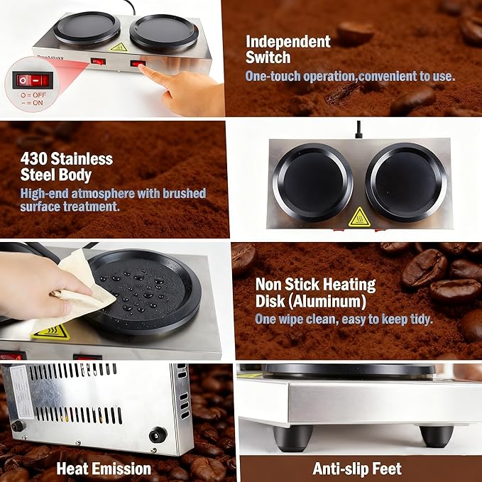 Commercial Double Coffee Carafe Warmer, Stainless Steel, 2 Burners Decanter Warmer Plate,Suitable for Café, Break Room, Buffet, Event and Commercial Use (US Plug 110V)