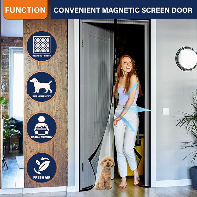 Magnetic Screen Door，Screen Door Mesh，Keep Bugs Out, Heavy-Duty Mesh Curtain,Pet and Kid Friendly, Works with Front Doors, Sliding Doors（32x80 Inch ‎Black
