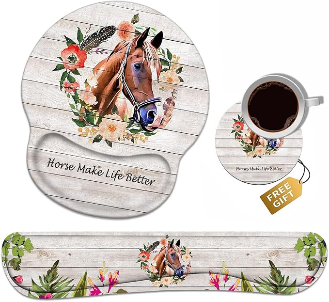 Keyboard Wrist Rest + Mouse Pad Wrist Support Set with Coasters, Non-Slip PU Base Ergonomic Mousepad for Home Office Working Studying Easy Typing & Pain Relief, Horse Theme, Horses Make Life Better