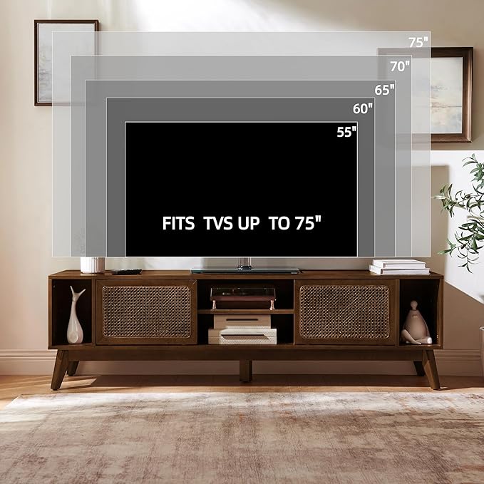 LKTART 68 Inch Mid Century Modern TV Stands with Rattan Doors, MCM Entertainment Center Media Console for 60/65/70/75 inch TVS, Long Boho Television Stand for Living Room, Dark Walnut