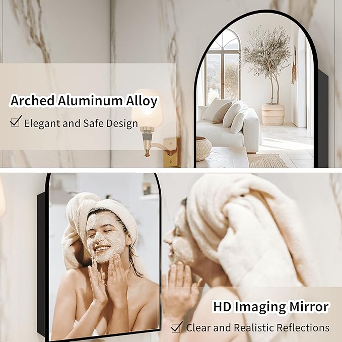 Bathroom Medicine Cabinet with Mirror, Arched Medicine Cabinet Wall Mounted, Modern Vanity Mirror with Storage, Mirrored Cabinet with Adjustable Shelves, Not Recessed, 20x32 Inch,Black