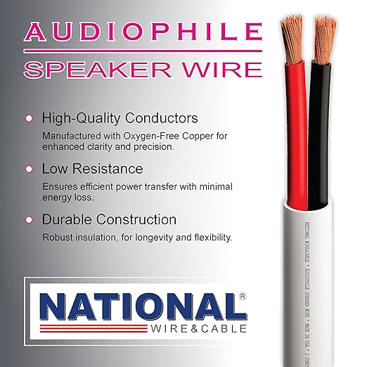 NATIONAL Wire&Cable - 16/2 Audiophile Speaker Wire (25 Feet) 16AWG Gauge - Made in USA - in Wall Audio Speaker Wire Cable/CL Rated/ETL Listed / 2 Conductors - OFC Oxygen-Free Copper, White 25ft