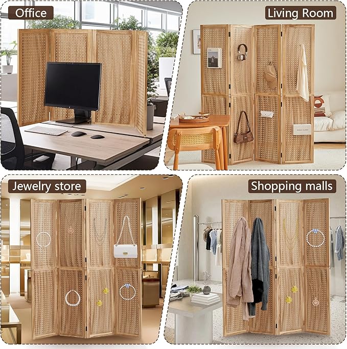 Leesinwing 4 Panel Wooden Room Dividers, 5.6FT High Plug-in Folding Screen Made of Natural Wood, Pegboard Display for Bedroom and Shopping Malls and Jewelry Stores, Light Brown