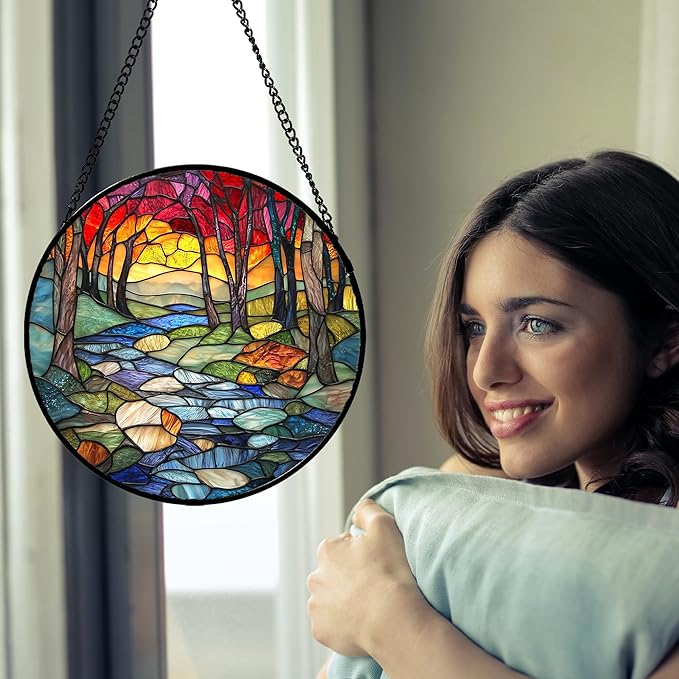 AMDERVEN Stained Glass Window Hanging, Red Tree Abstract Sunset Lake Sun Catcher for Window Home Decor Landscape Suncatcher Mother's Day Birthday Gifts for Women Men Mom and Nana 9.8 in