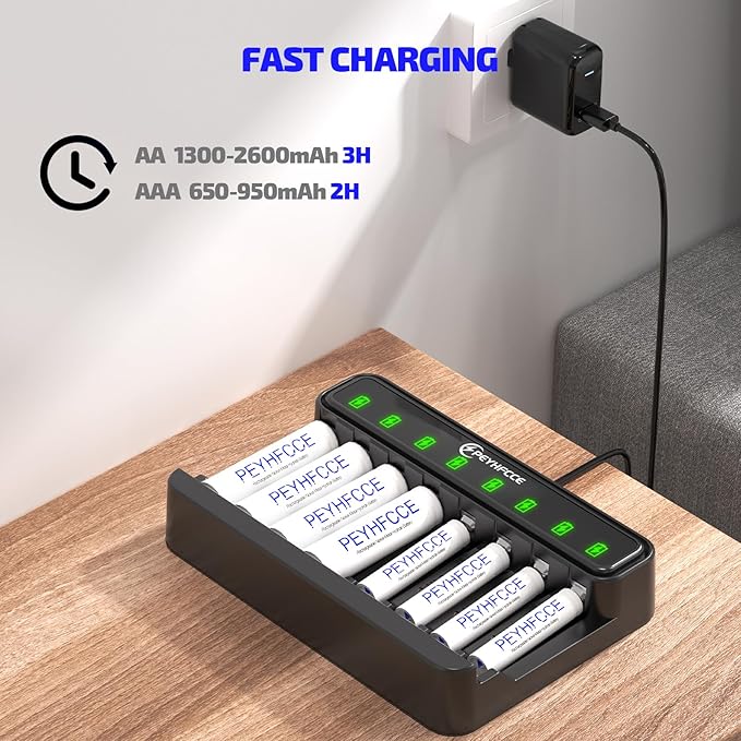 PEYHFCCE AA AAA 8 Bay Battery Charger with High-Speed Charging, Independent Slot for 1.2V Ni-MH Rechargeable Batteries