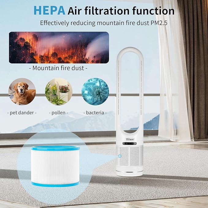 Hiluce 3-in-1 Bladeless Fan with Air Purifier,Indoor Heater,Fan and Heater Combo HEPA Filter,Tip-Over Switch,26ft/s Quiet Tower Fans,80°Oscillating, 8 Speeds, 9H Timer, 32 inch Large