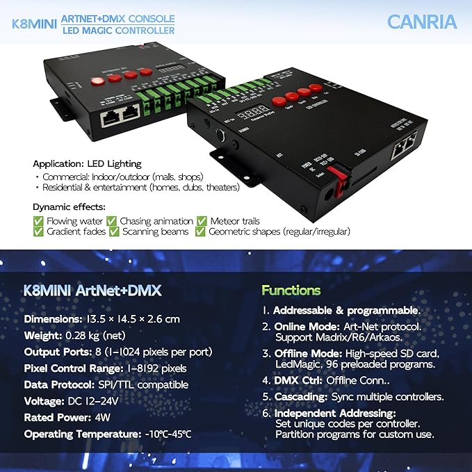 CANRIA K8MINI ARTNET+DMX Console LED Pixel Controller, for SPI-TTL LED Light, Online Offline, Addressable Programmable, 2G SD Card With 96 Program Modes and Offline Software.