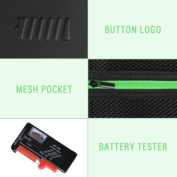 stukcaze Battery Organizer Storage Case with Tester for AA AAA Button Battery Holder Carrying 3 Batteries Variety Pack 88 Batteries Zipper Mesh Bag (Batteries Not Included) (black-green)