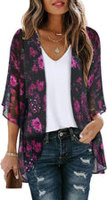 Women's Floral Print Puff Sleeve Kimono Cardigan Loose Cover Up Casual Blouse by CHICGAL