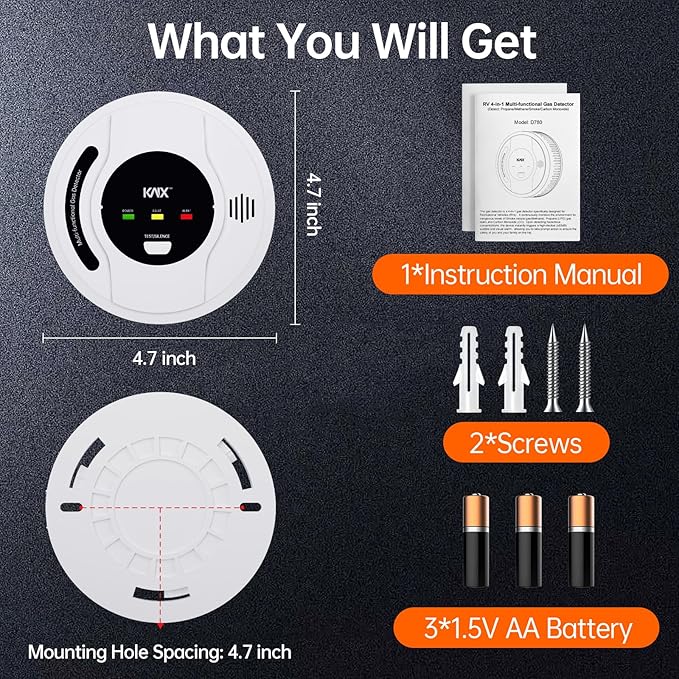 4-in-1 RV Propane Gas Detector, RV Carbon Monoxide Detectors, Smoke Detector, Natural Gas Detector, CH4/CO/LPG/Smoke Alarm, Battery Powered,LED Indicator,Surface Mount,for Travel Trailer,Truck Camper