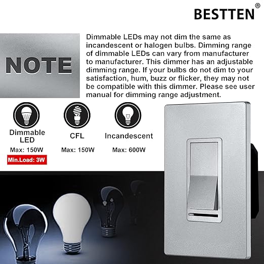 BESTTEN 10 Pack Matte Silver Dimmer Light Switch, Single Pole or 3-Way, Compatible with Dimmable LED, CFL, Incandescent and Halogen Bulb, LED Slide Dimmer Wall Switch, 120VAC, UL Listed
