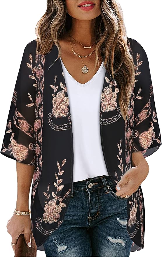 Women's Floral Print Puff Sleeve Kimono Cardigan Loose Cover Up Casual Blouse by CHICGAL