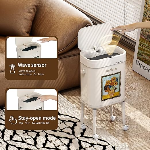 MRBIN Metal Motion Sensor Kitchen Trash Can with Wheel Legs, 15L / 4gal Metal Slim Trash Can, Pet Proof Tall Narrow Garbage Pail for Vanity, Bedroom, Bathroom, Living Room, Sunflower