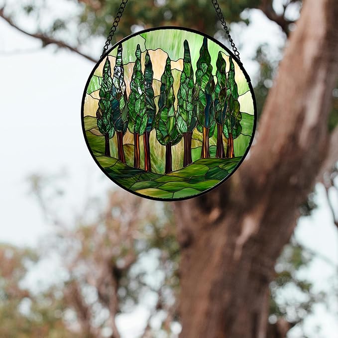 AMDERVEN Stained Glass Window Hanging 4 Pcs Set Forest Green Trees Winter Snow 6.3" - Suncatcher Door Garden Sun Catcher Home Decor Birthday Mother's Day for Woman Nana Mom Men