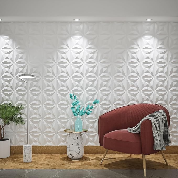 Greymond White PVC 3D Wall Panels, 33 Pack 11.8''x11.8''Geometric Design for Modern Home Decor Upgrade, Textured Tile Decorative & Paintable for Living Room Lobby Bedroom Hotel Office