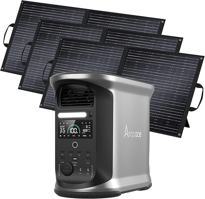 AMPACE Andes 1500 Power Station with 3×100W Solar Panel, 2400W/1462Wh Solar Generator with 4 AC Outlets, AC1800W Fast Charging, APP Control Battery Backup for Home, Camping & RVs