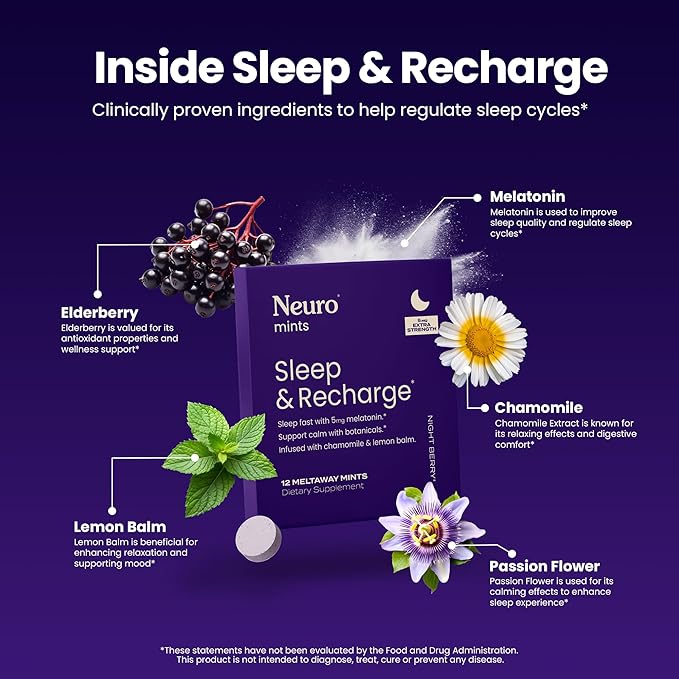 Neuro Sleep & Recharge Meltaway Mints - Contains Melatonin 5mg, Chamomile & Elderberry - Travel Aid for Nighttime Relaxation & Healthy Sleep Cycle - Night Berry 72, ct