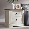 T4TREAM 24" Farmhouse Nightstand with Charging Station, Large End Table with 2 Storage Drawers, Rustic Wood Sofa Bedside Table for Bedroom, Antique White