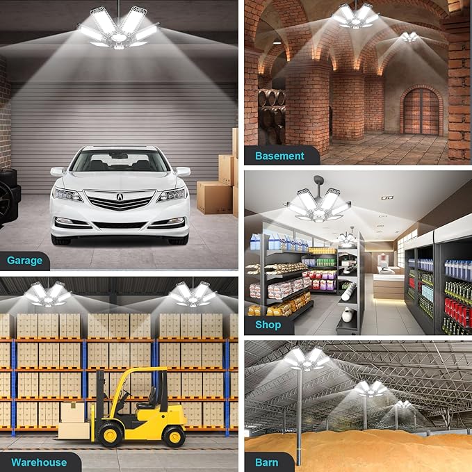 CHENGCHILIT LED Garage Light 4 Pack - 200w 20000LM 6500K Garage Lights Ceiling LED with 7+1 Adjustable Panels, Shop Lights Screw in E26 E27 Bulb Socket for Workshop, Storage Room, Basement, Warehouse