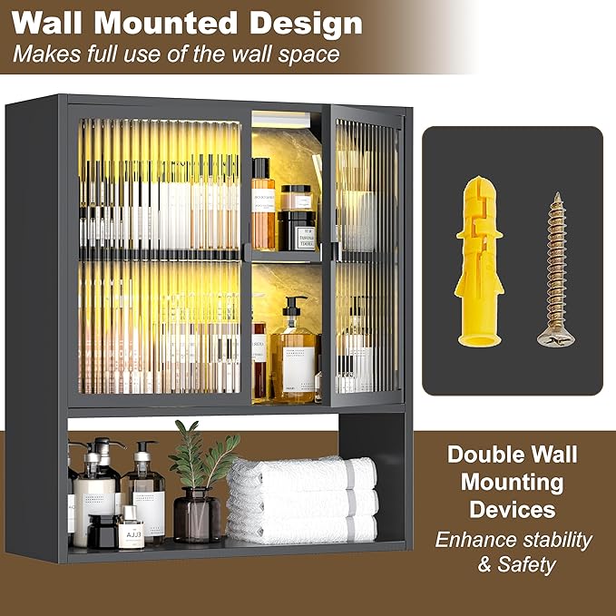 Wall Mounted Bathroom Cabinet with Glass Doors, Metal Over Toilet Storage Cabinets with Open Shelves, Medicine Cabinets for Bathroom, Living Room, Bedroom, Black