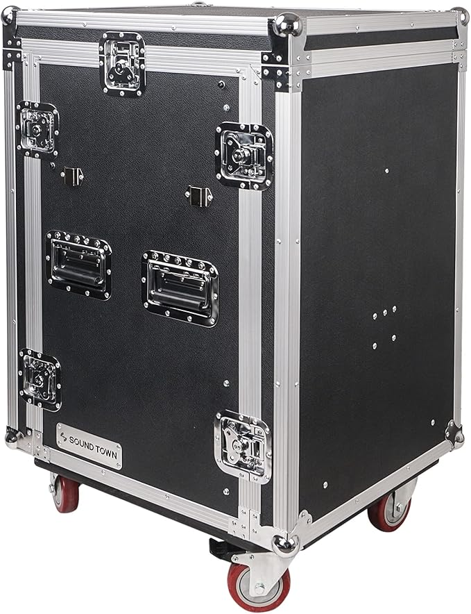 Sound Town Heavy-Duty 1/2" (12mm) Plywood 16U PA/DJ Rack/Road Case with 11U Slant Mixer Top, 20’’ Rackable Depth, DJ Work Table and Casters, 16-Space Size, Pro Tour Grade (STMR-16UWT)